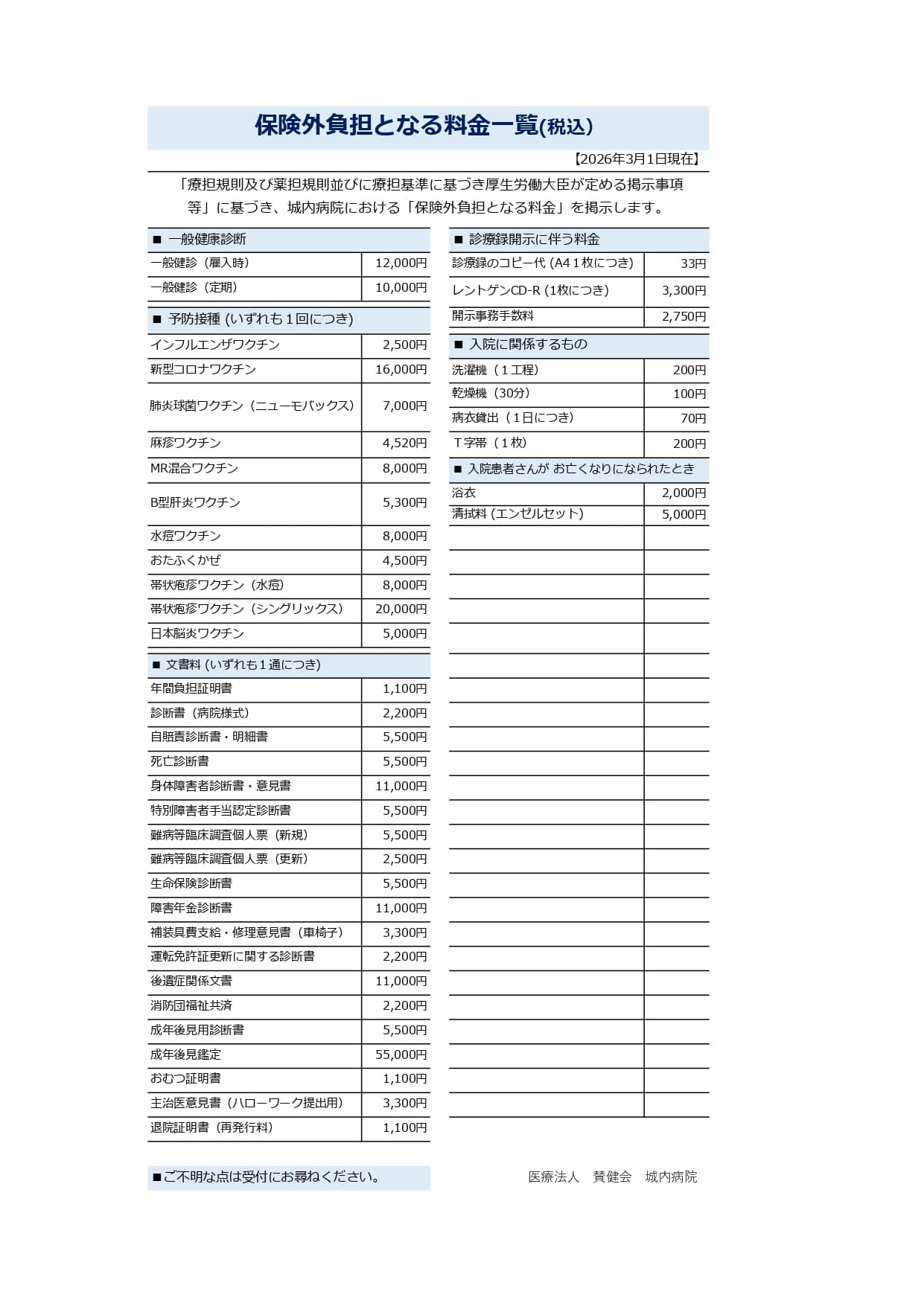 保険適用外分料金表